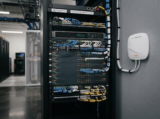 Enterprise networking rack with switches, patch cabling, and wireless access point