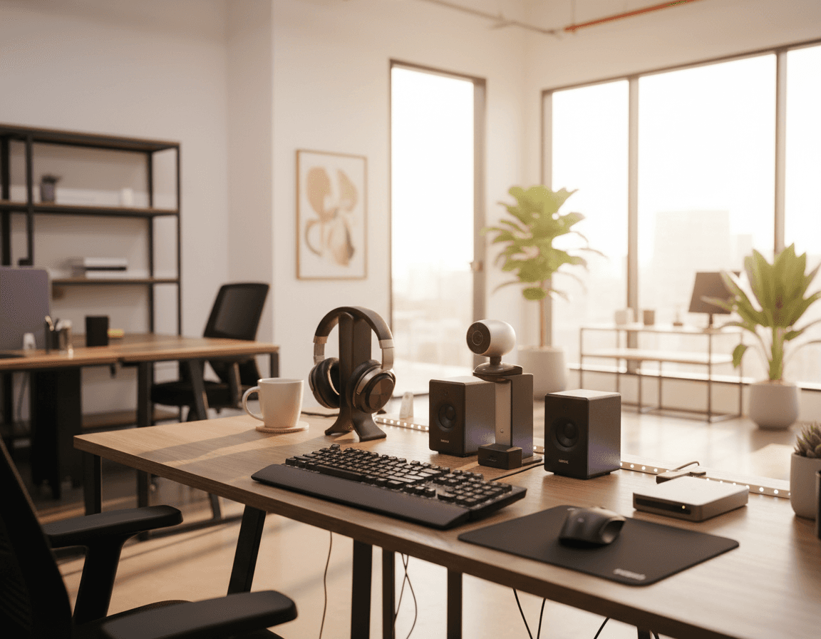 Ergonomic modern office desk setup with high-grade peripherals, headphones, and webcam